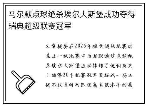 马尔默点球绝杀埃尔夫斯堡成功夺得瑞典超级联赛冠军