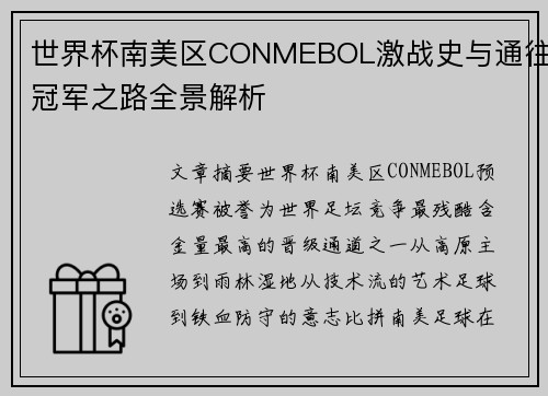 世界杯南美区CONMEBOL激战史与通往冠军之路全景解析