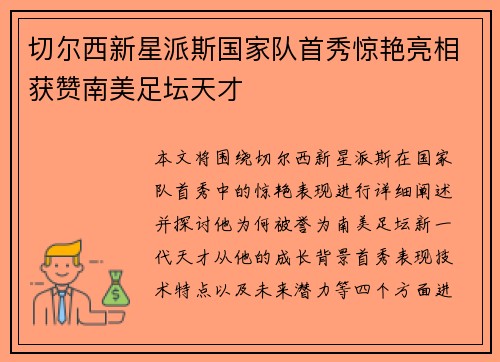 切尔西新星派斯国家队首秀惊艳亮相获赞南美足坛天才
